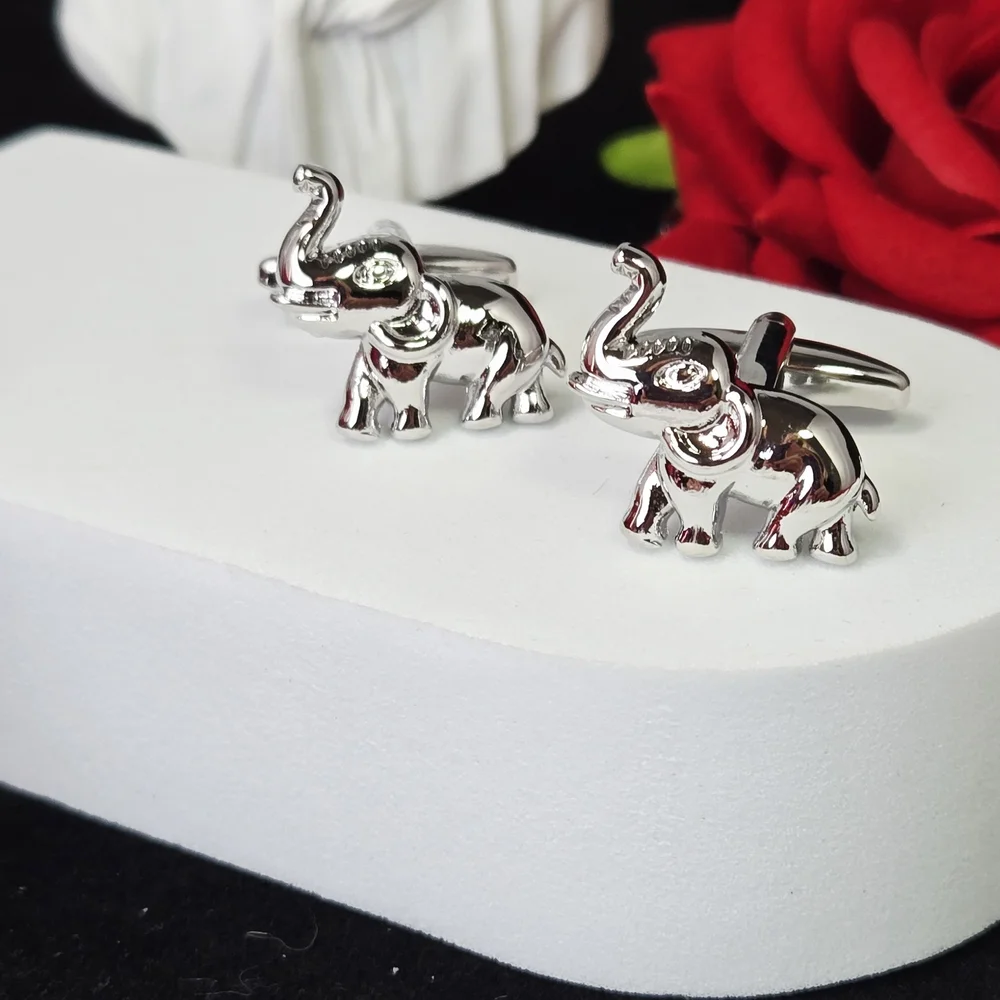 Elephant Cufflinks Silver Raised Trunk Safari Animal Formal French Cuff Links
